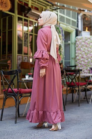 Hasır Kemerli Fırfırlı Elbise 7119-08 - Thumbnail