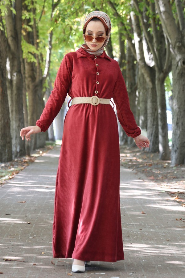 Hasır Kemerli Kadife Elbise 1561-03