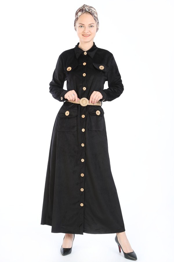 Hasır Kemerli Kadife Elbise 5561-01 siyah