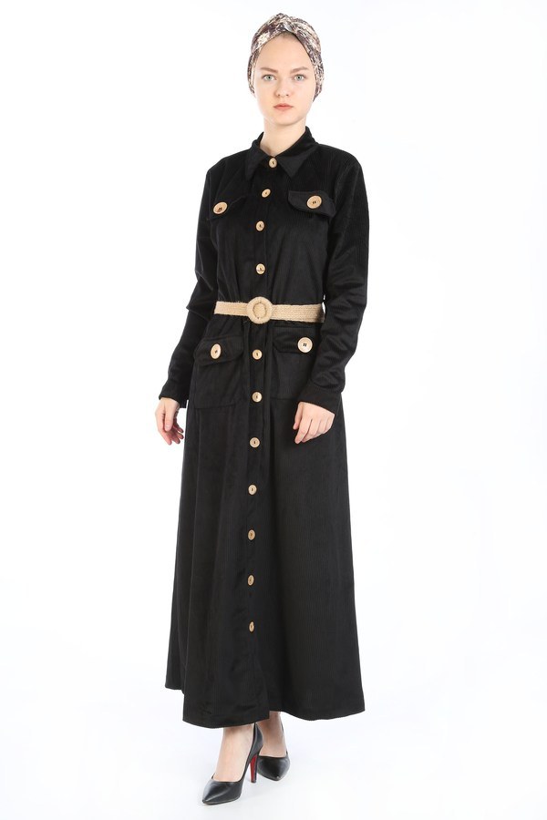 Hasır Kemerli Kadife Elbise 5561-01 siyah
