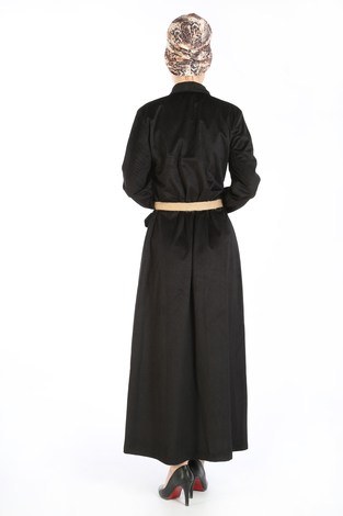 Hasır Kemerli Kadife Elbise 5561-01 siyah - Thumbnail