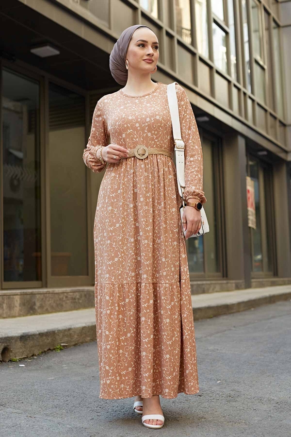 NY - Hasır Kemerli Uzun Elbise 120NY-5669 Vizon
