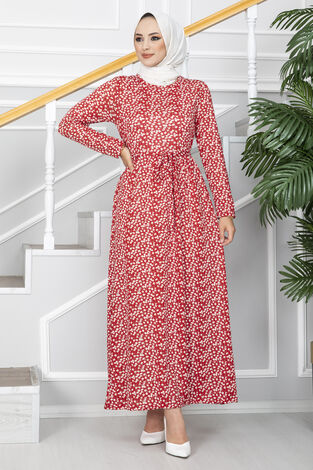 Çiçek Desenli Helen Tesettür Elbise Kırmızı - Thumbnail