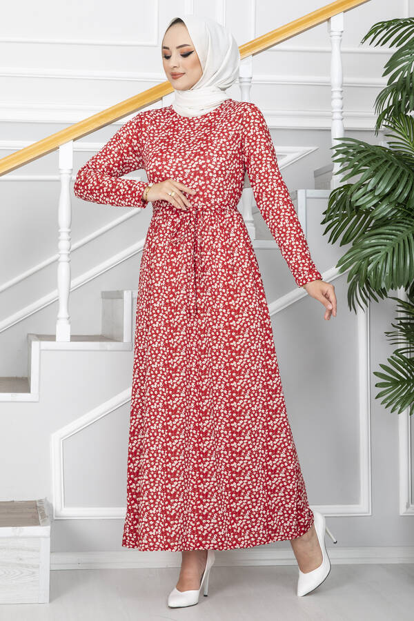 Çiçek Desenli Helen Tesettür Elbise Kırmızı