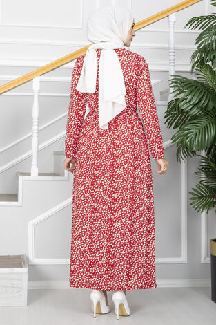 Çiçek Desenli Helen Tesettür Elbise Kırmızı - Thumbnail