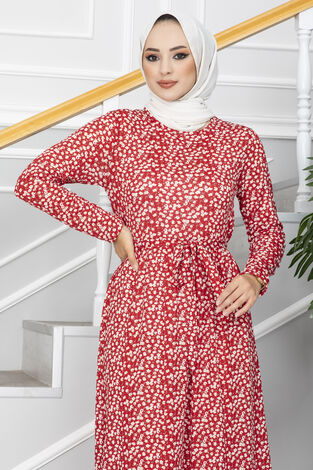 Çiçek Desenli Helen Tesettür Elbise Kırmızı - Thumbnail