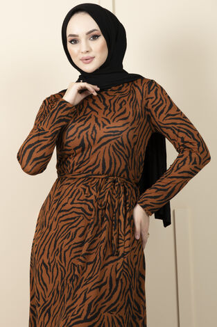 Zebra Desenli Tesettür Elbise Taba - Thumbnail