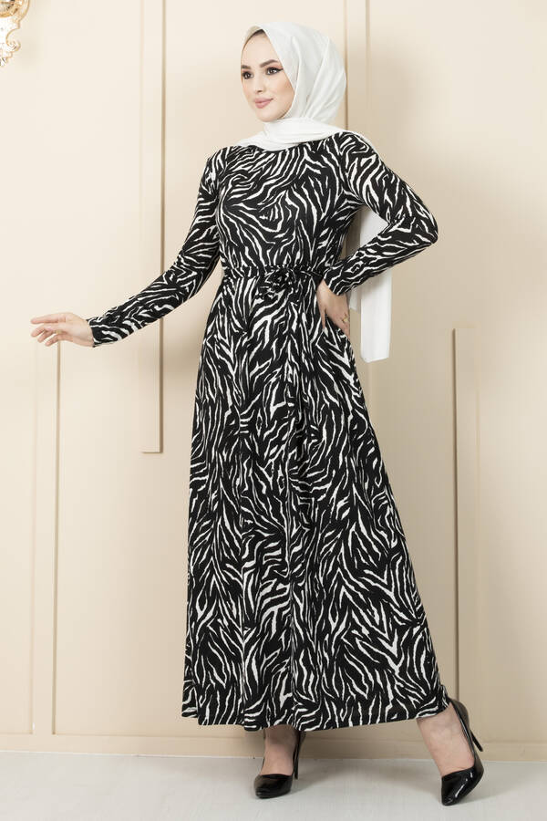 Zebra Desenli Tesettür Elbise Siyah