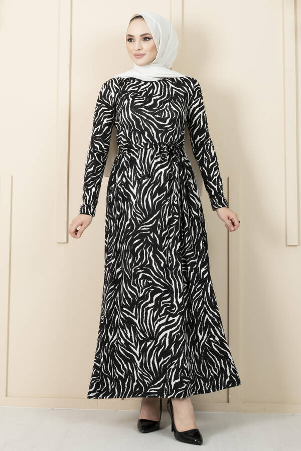 Zebra Desenli Tesettür Elbise Siyah