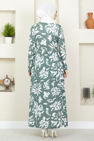 Çiçek Desenli Helen Tesettür Elbise Yeşil - Thumbnail