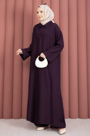 Hira Yarım Fermuarlı Tunik Takım Mürdüm - Thumbnail