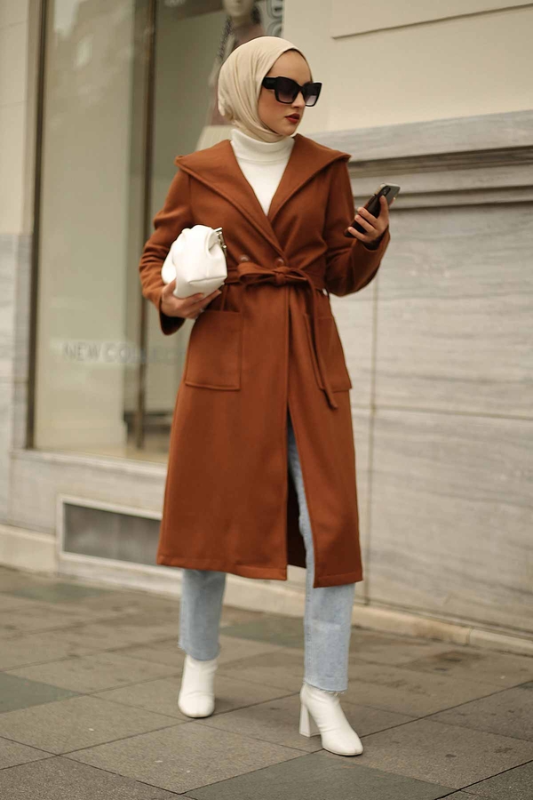 Hooded Stamp Coat 15394-1 Tan Color 