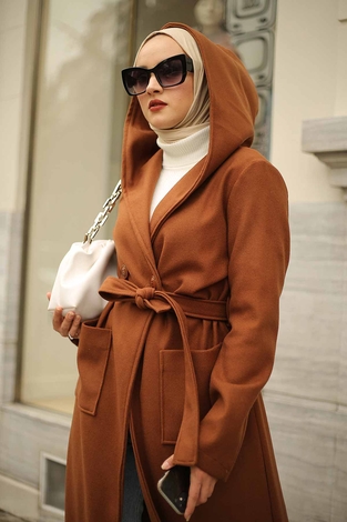Hooded Stamp Coat 15394-1 Tan Color - Thumbnail