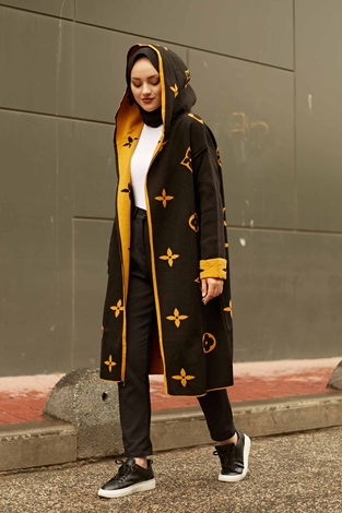  Hooded Cardigan 2362-5 Black - Mustard - Thumbnail