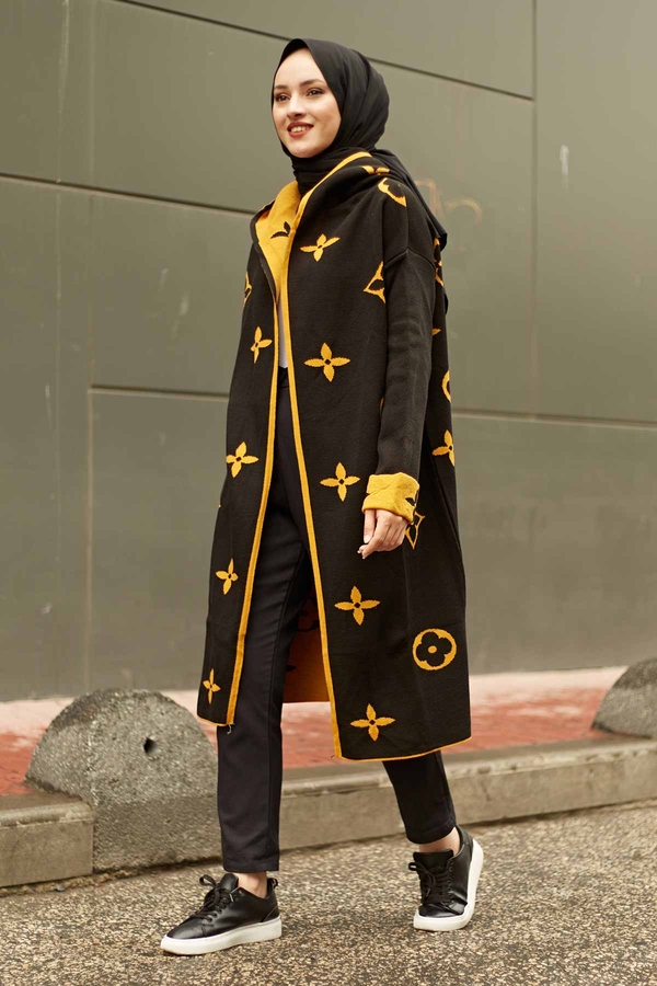  Hooded Cardigan 2362-5 Black - Mustard 