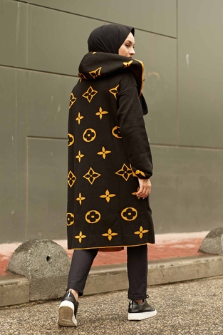  Hooded Cardigan 2362-5 Black - Mustard - Thumbnail