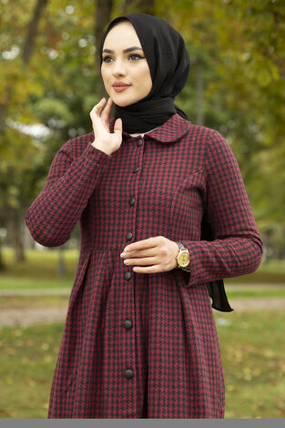 Houndstooth Trench Coat 10078-2 Burgundy - Thumbnail