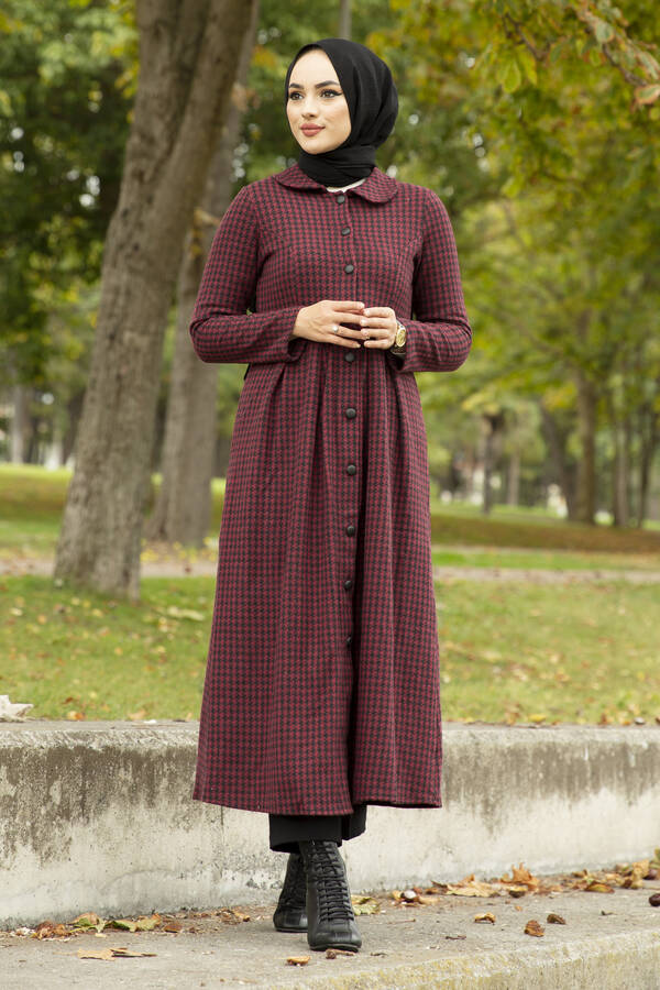Houndstooth Trench Coat 10078-2 Burgundy