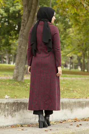 Houndstooth Trench Coat 10078-2 Burgundy - Thumbnail