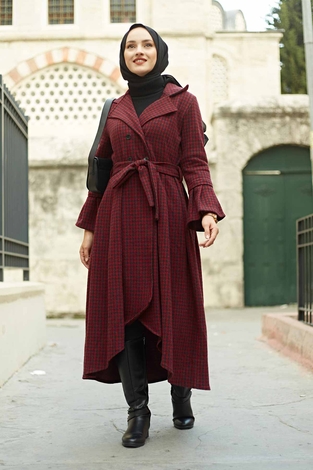 Houndstooth Trench Coat 7152-3 Burgundy - Thumbnail
