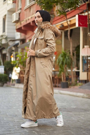 İçi Kürklü Uzun Mont 4512-2 Camel - Thumbnail