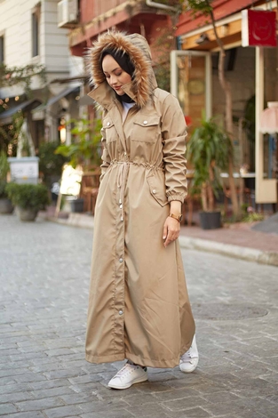 İçi Kürklü Uzun Mont 4512-2 Camel - Thumbnail