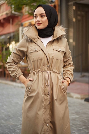 İçi Kürklü Uzun Mont 4512-2 Camel - Thumbnail