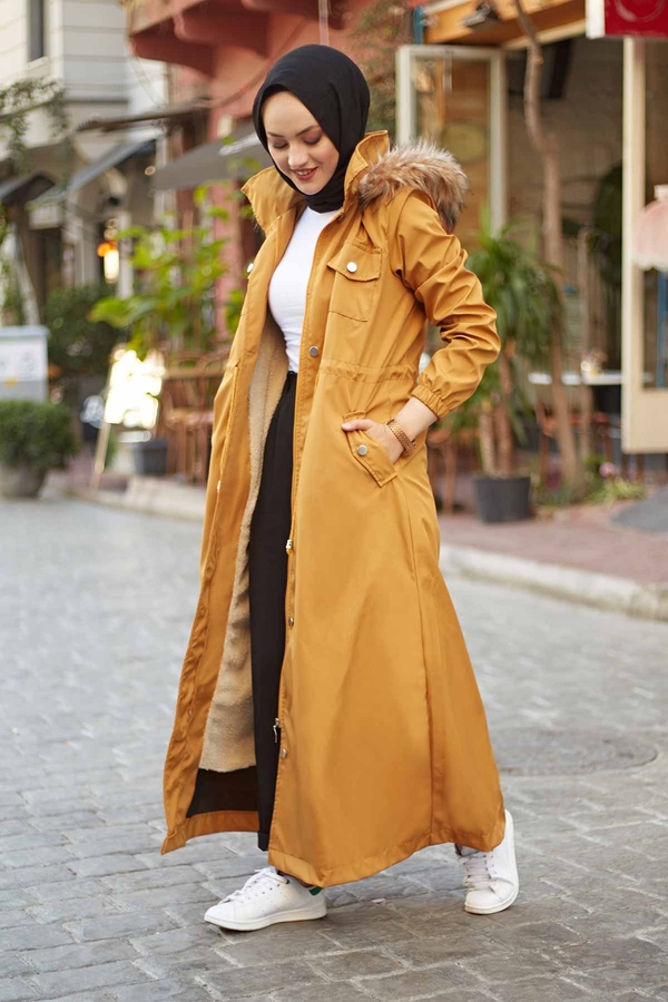  - İçi Kürklü Uzun Mont 4512-4 Hardal
