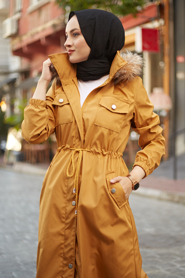  - İçi Kürklü Uzun Mont 4512-4 Hardal (1)