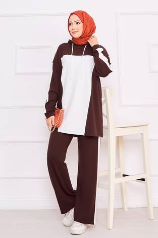 İki Renkli Kapüşonlu Tesettür İkili Takım Bordo