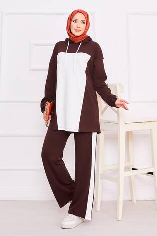 İki Renkli Kapüşonlu Tesettür İkili Takım Bordo - Thumbnail