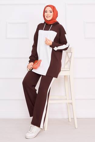 İki Renkli Kapüşonlu Tesettür İkili Takım Bordo - Thumbnail