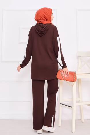 İki Renkli Kapüşonlu Tesettür İkili Takım Bordo - Thumbnail