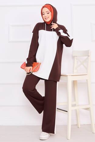 İki Renkli Kapüşonlu Tesettür İkili Takım Bordo - Thumbnail