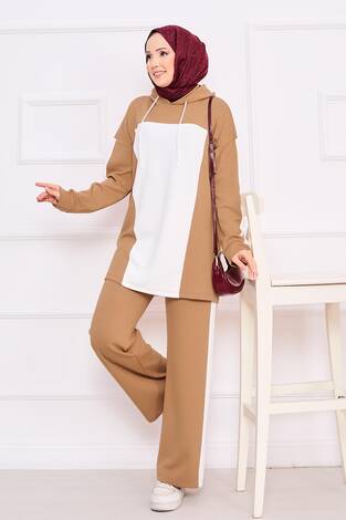 İki Renkli Kapüşonlu Tesettür İkili Takım Camel - Thumbnail