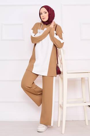 İki Renkli Kapüşonlu Tesettür İkili Takım Camel