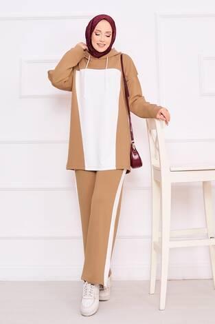 İki Renkli Kapüşonlu Tesettür İkili Takım Camel - Thumbnail