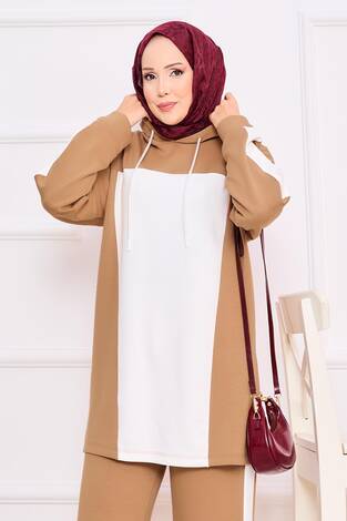 İki Renkli Kapüşonlu Tesettür İkili Takım Camel - Thumbnail