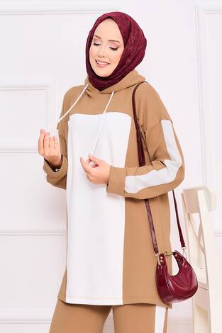 İki Renkli Kapüşonlu Tesettür İkili Takım Camel - Thumbnail