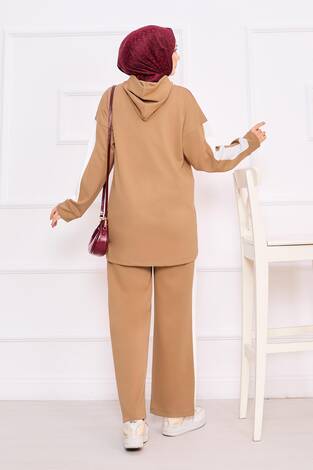 İki Renkli Kapüşonlu Tesettür İkili Takım Camel - Thumbnail