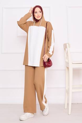 İki Renkli Kapüşonlu Tesettür İkili Takım Camel - Thumbnail