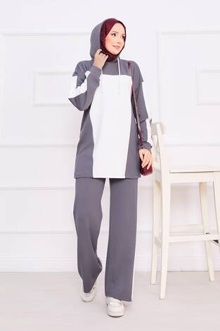 İki Renkli Kapüşonlu Tesettür İkili Takım Gri - Thumbnail