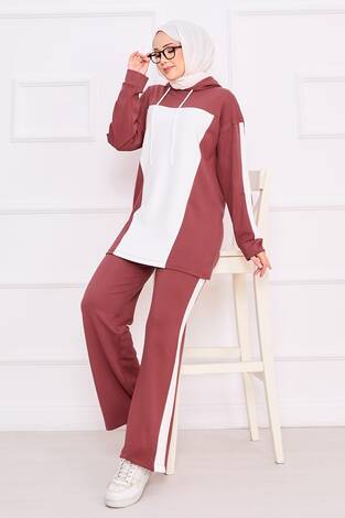 İki Renkli Kapüşonlu Tesettür İkili Takım Gülkurusu - Thumbnail