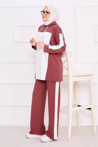 İki Renkli Kapüşonlu Tesettür İkili Takım Gülkurusu - Thumbnail