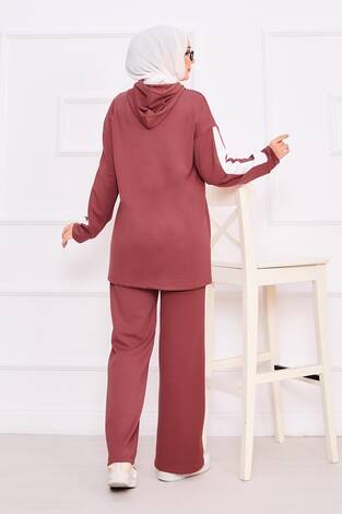 İki Renkli Kapüşonlu Tesettür İkili Takım Gülkurusu - Thumbnail