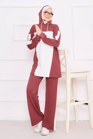 İki Renkli Kapüşonlu Tesettür İkili Takım Gülkurusu
