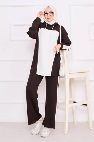 İki Renkli Kapüşonlu Tesettür İkili Takım Kahve - Thumbnail
