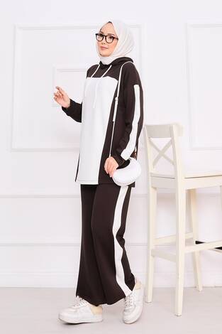 İki Renkli Kapüşonlu Tesettür İkili Takım Kahve - Thumbnail
