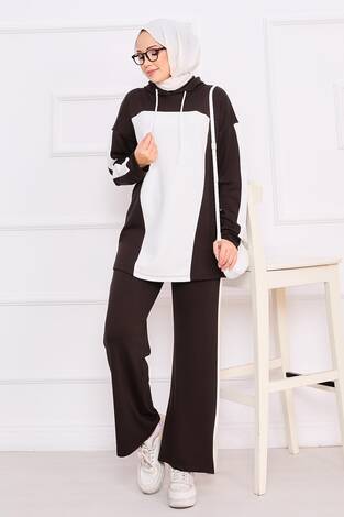 İki Renkli Kapüşonlu Tesettür İkili Takım Kahve - Thumbnail