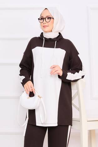 İki Renkli Kapüşonlu Tesettür İkili Takım Kahve - Thumbnail